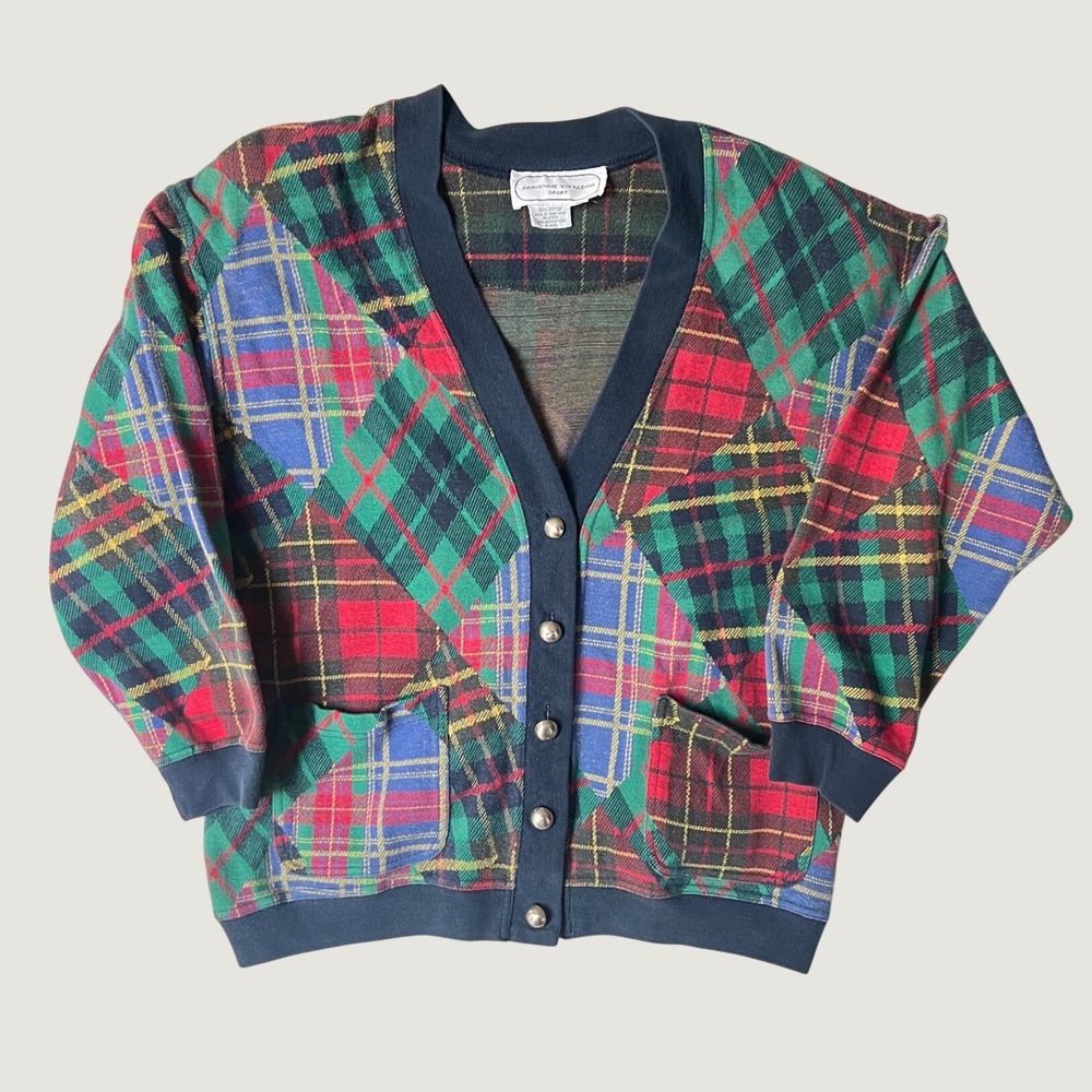 Adrienne Vittadini Sport Vintage Plaid Patchwork Cotton Cardigan Sweater Large